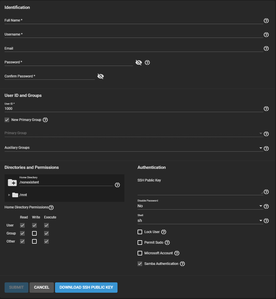 TrueNAS User Account configuration screen