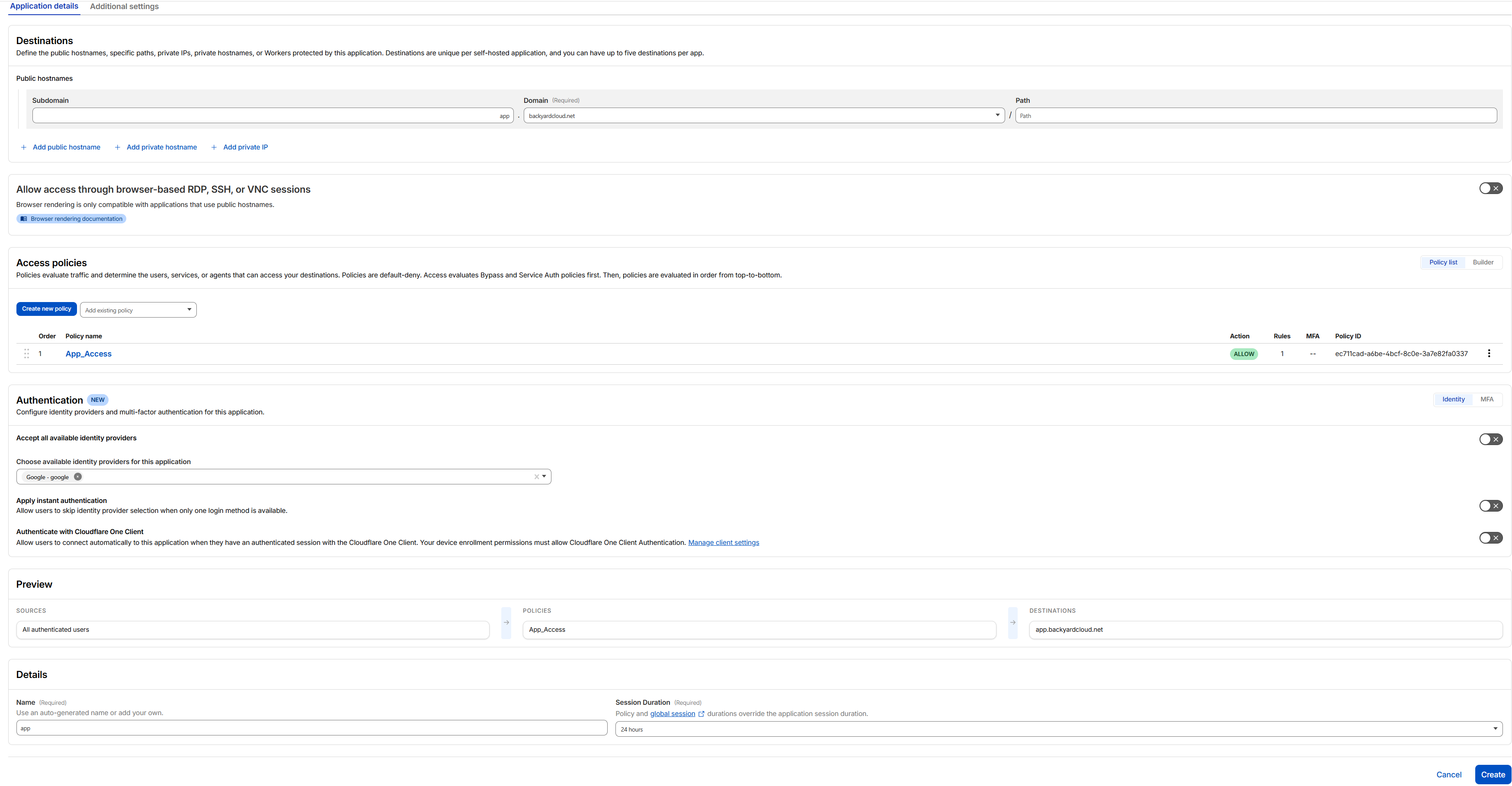 Cloudflare Zero Trust application protecting the Nextcloud subdomain using Google identity-based authentication