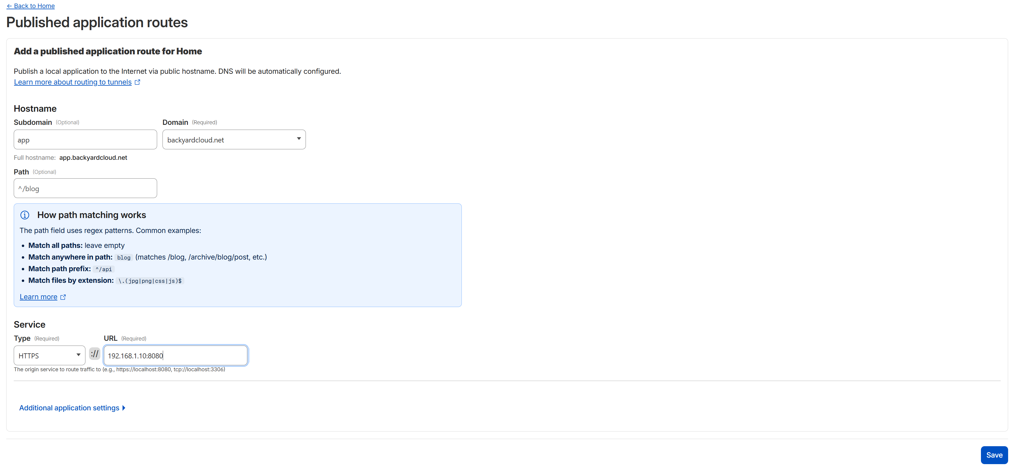 Cloudflare Tunnel public hostname configuration mapping the app.backyardcloud.net subdomain to an internal HTTPS service through the tunnel connector