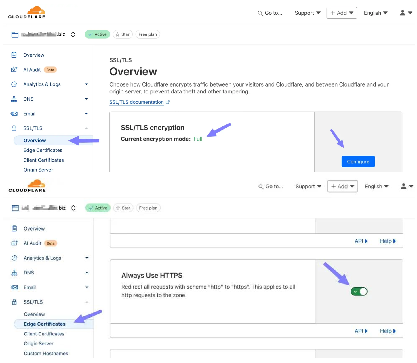 Combined Cloudflare SSL/TLS configuration screenshots showing Full encryption mode and the Edge Certificates setting used to enforce HTTPS connections.