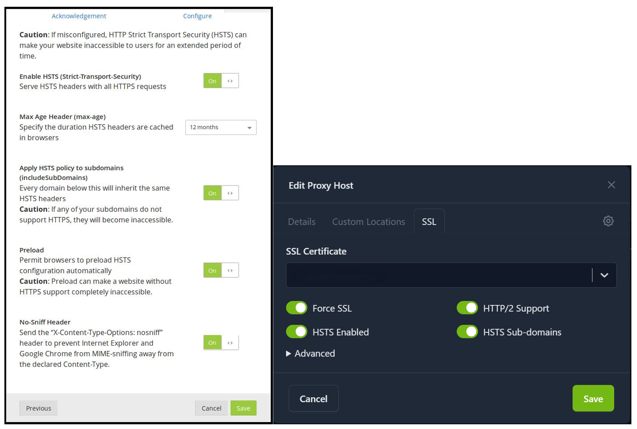 Combined screenshot displaying Cloudflare HTTP Strict Transport Security (HSTS) settings alongside NGINX Proxy Manager SSL configuration options including Force SSL, HTTP/2 support, and HSTS enforcement.