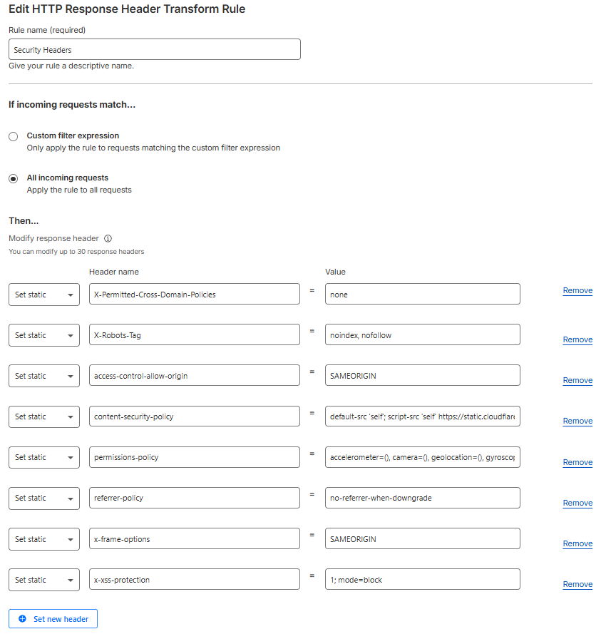 Cloudflare HTTP Response Header Transform Rule configuration screen showing multiple custom security headers including Content-Security-Policy, X-Frame-Options, Referrer-Policy, Permissions-Policy, and X-XSS-Protection applied to incoming requests.