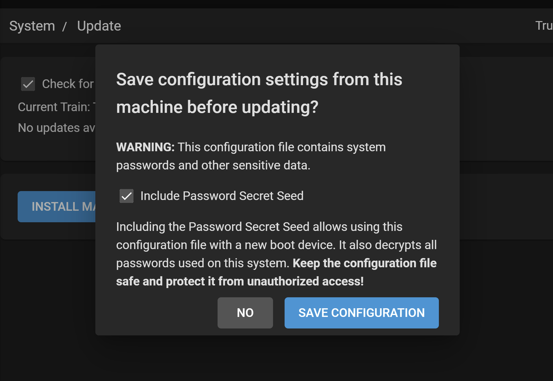 TrueNAS configuration backup screen