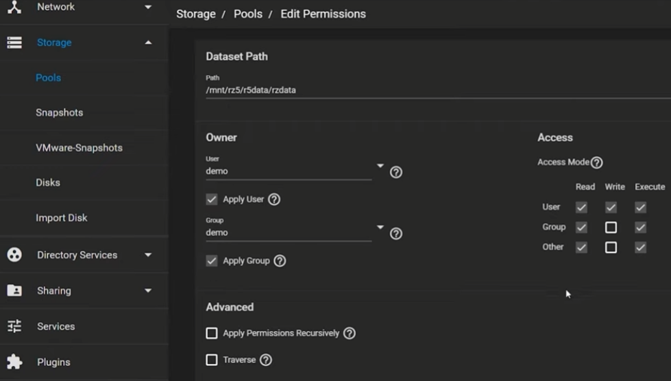 TrueNAS Dataset permissions configuration screen