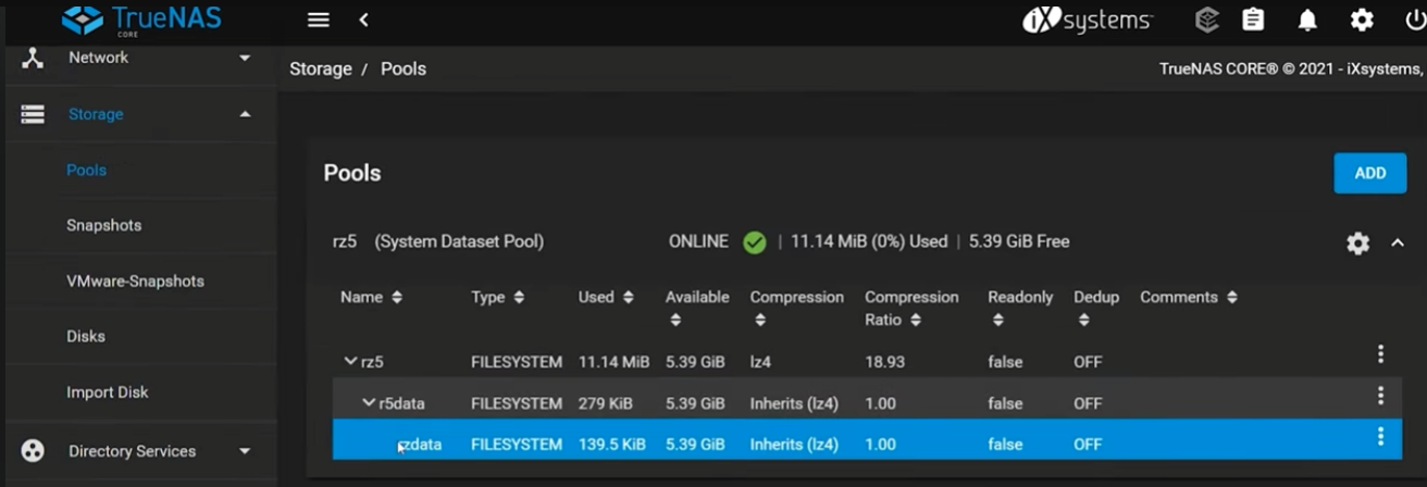 TrueNAS Dataset pool list
