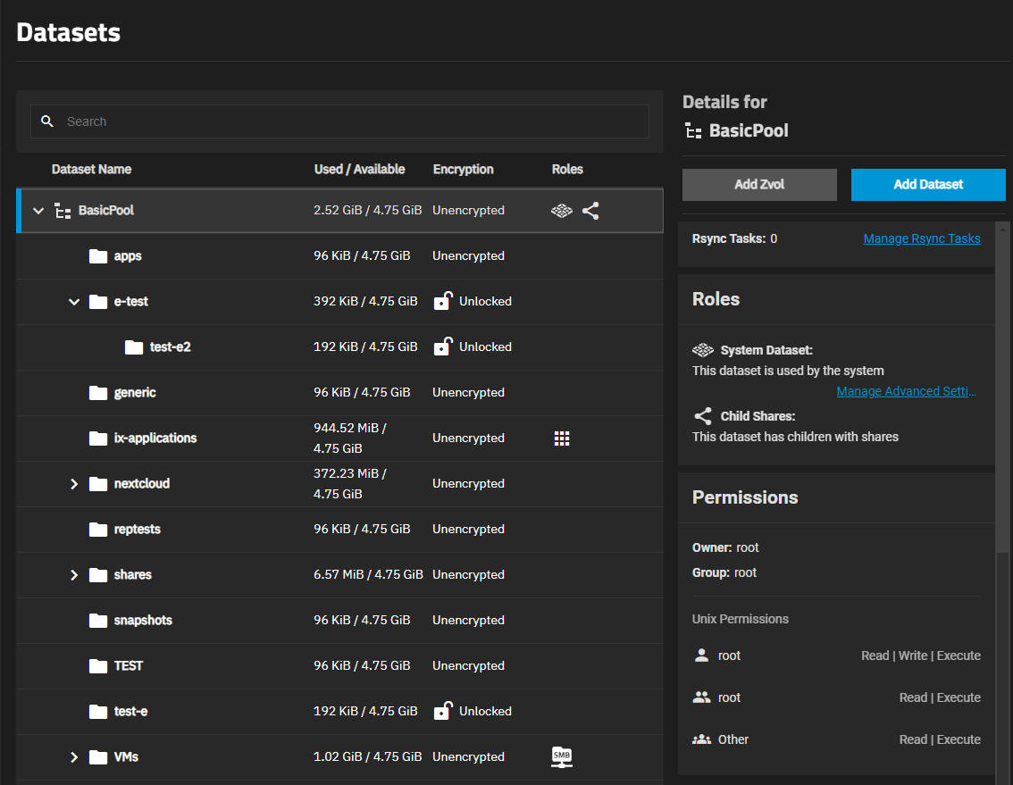 TrueNAS Dataset screen