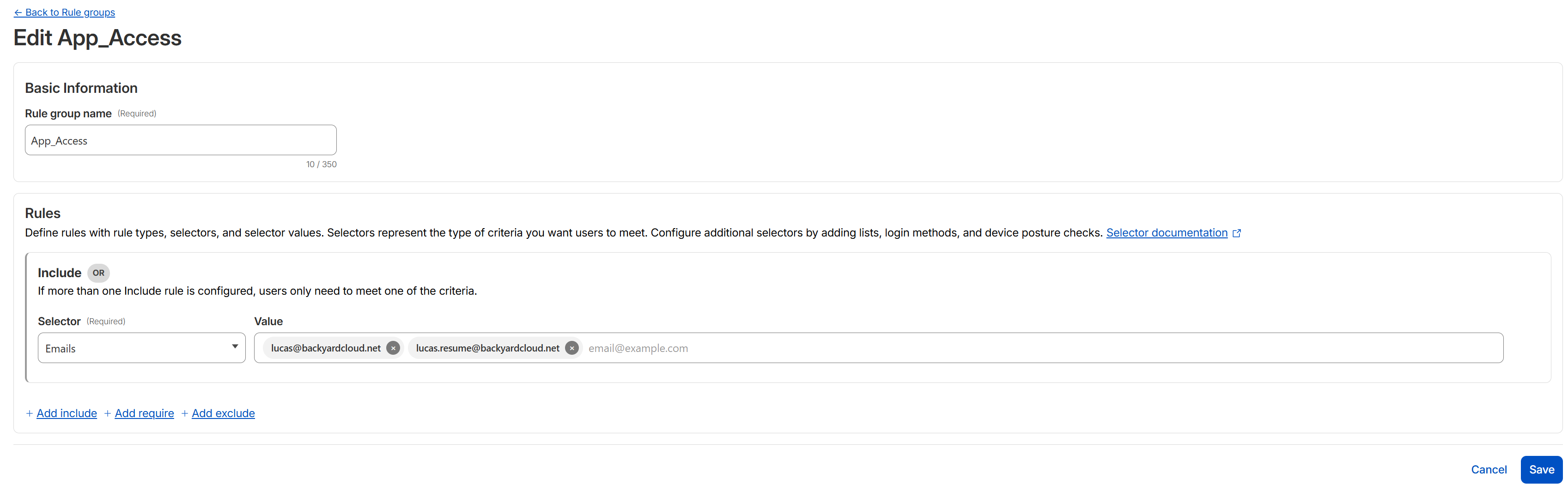 Cloudflare Zero Trust access group restricting application access to a single authorized user identity