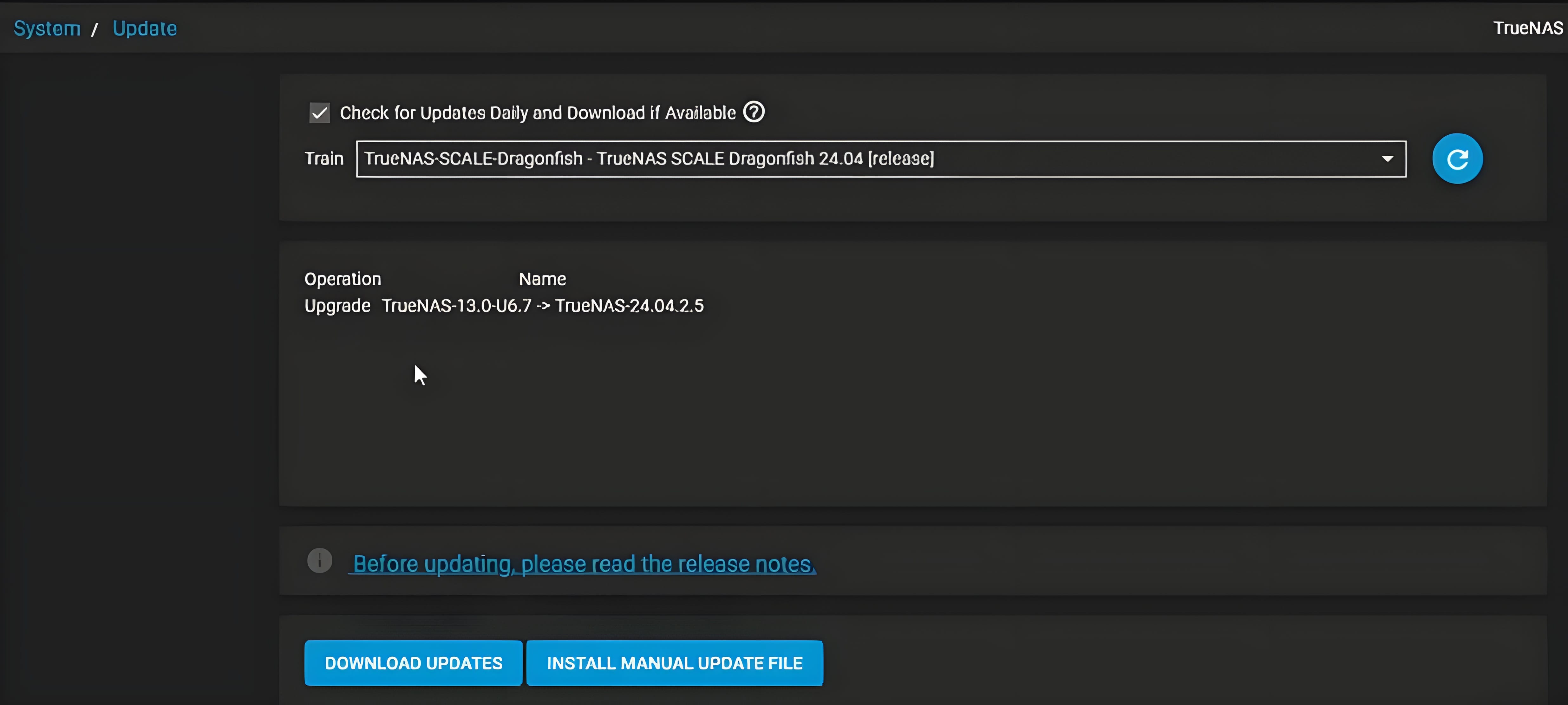 TrueNAS system upgrade screen