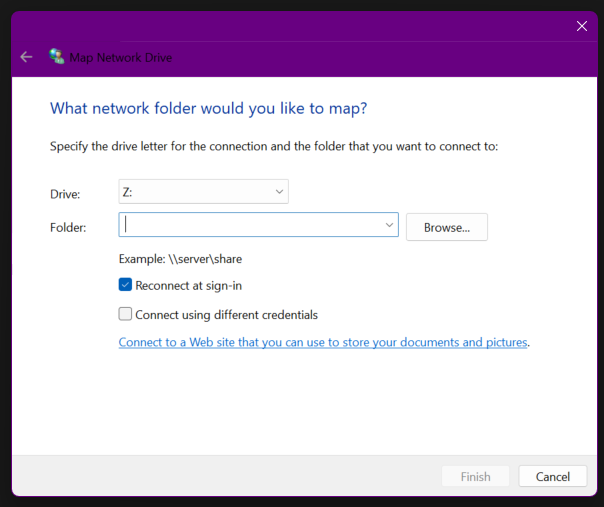 Windows Map Network Drive path and drive selection