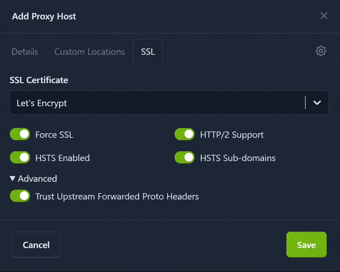 NGINX Proxy Manager proxy host SSL settings applying generated certificate with HTTPS enforcement enabled