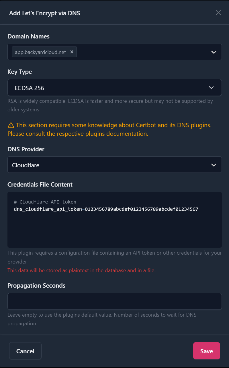 NGINX Proxy Manager SSL certificate request interface configured with Cloudflare DNS challenge settings