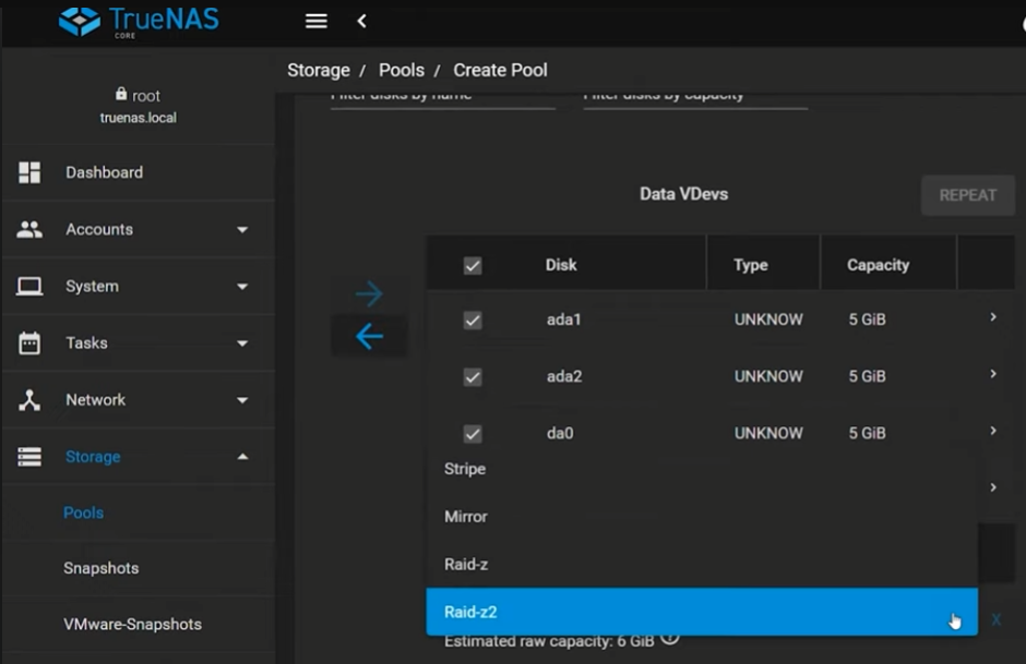 TrueNAS RAID-Z2 pool configuration screen