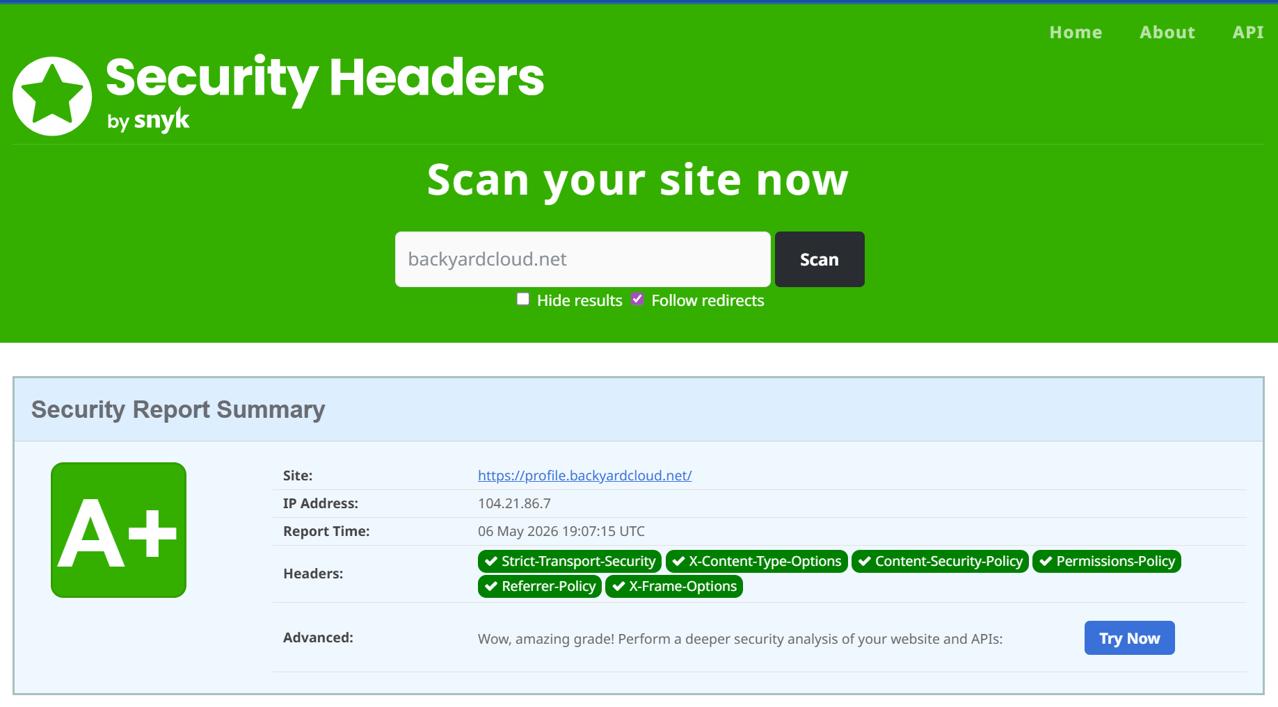 SecurityHeaders.com scan results displaying an A+ security rating for the profile.backyardcloud.net domain with enabled security headers including Strict-Transport-Security, Content-Security-Policy, X-Frame-Options, Referrer-Policy, and X-Content-Type-Options.