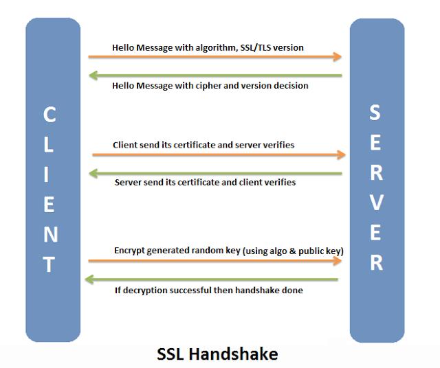 Diagram illustrating the SSL/TLS handshake process between a client and server, including certificate exchange, encryption negotiation, and secure session establishment.