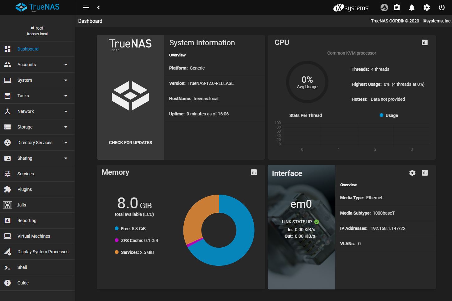 TrueNAS Core dashboard