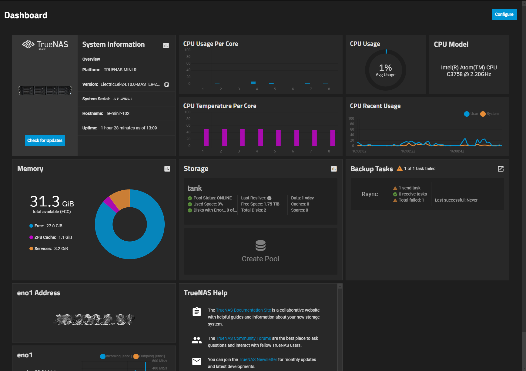 TrueNAS Scale dashboard