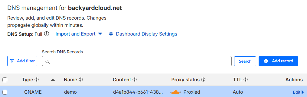 Cloudflare DNS entry for created tunnel